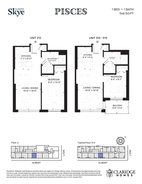 Floor plan for 1 bed, 1 bath, 546 sqft